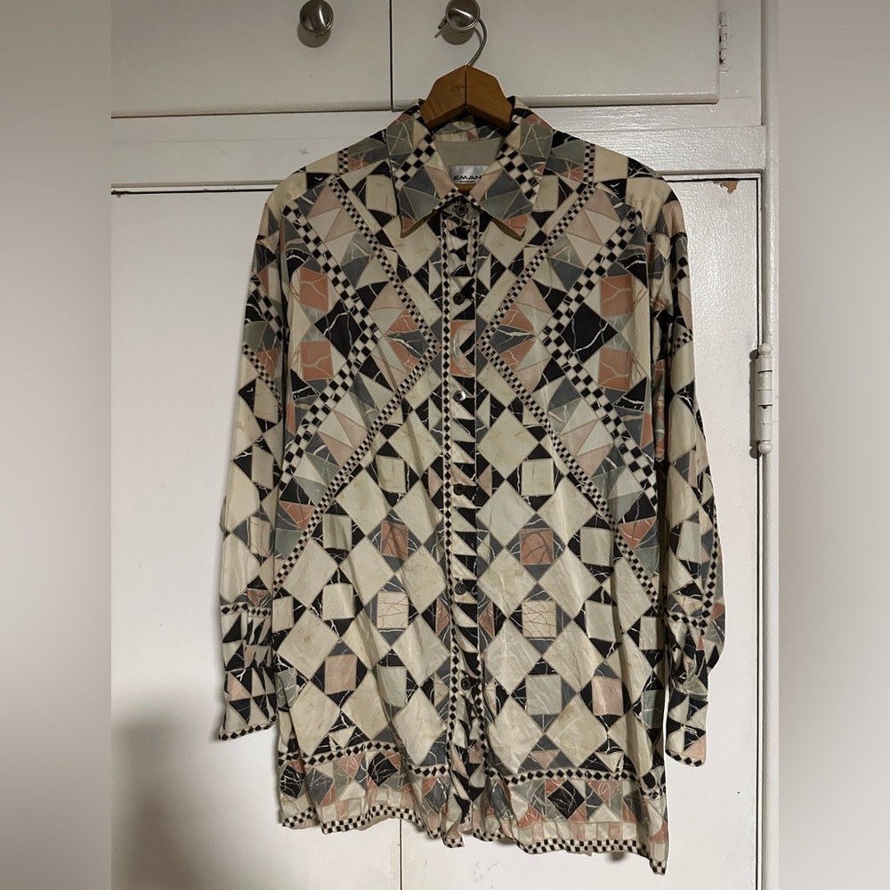 Emmanuel Ungaro Vintage 100% Silk Blouse Geometric Mosaic Print Size 8